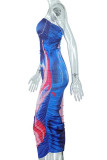 Blue Sexy Print Patchwork Strapless Pencil Skirt Dresses