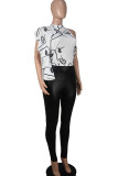 White Casual Print Patchwork Flounce O Neck Sleeveless Two Pieces