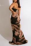 Black Sexy Print Hollowed Out Patchwork Oblique Collar Evening Dress Dresses