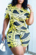 Yellow Fashion Casual Print Letter O Neck Short Sleeve Plus Size Two Pieces
