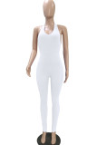 White Sexy Solid Patchwork Backless Halter Regular Jumpsuits