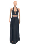 Blue Fashion Sexy Solid Backless Halter Sleeveless Two Pieces