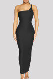 Black Fashion Sexy Solid Backless One Shoulder Long Dress