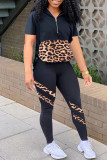 Red Fashion Casual Print Leopard Patchwork Zipper Collar Short Sleeve Two Pieces