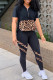 Black Fashion Casual Print Leopard Patchwork Zipper Collar Short Sleeve Two Pieces
