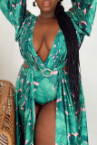 Green Sexy Print Hollowed Out Backless V Neck Asymmetrical Dresses