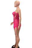 Pink Sexy Solid Bandage Hollowed Out Patchwork Strapless Dresses