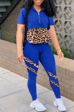 Red Fashion Casual Print Leopard Patchwork Zipper Collar Short Sleeve Two Pieces