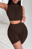 Coffee Fashion Casual Sportswear Solid Patchwork Turtleneck Sleeveless Two Pieces