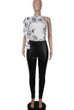 White Casual Print Patchwork Flounce O Neck Sleeveless Two Pieces