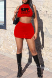 Red Sexy Print Patchwork O Neck Sleeveless Two Pieces