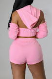 Pink Fashion Casual Letter Solid Split Joint Backless Hooded Collar Three Quarter Two Pieces