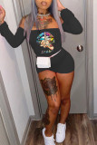 Black Casual Print Patchwork Off the Shoulder Regular Rompers