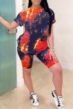Multicolor Casual Patchwork Tie-dye O Neck Short Sleeve Two Pieces