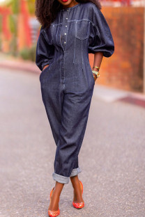 Deep Blue Casual Solid Split Joint Buckle O Neck Long Sleeve Denim Jumpsuits
