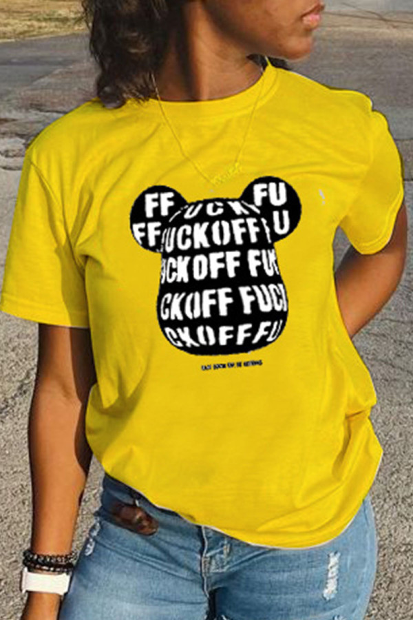 Yellow Fashion Casual Cartoon Print Basic O Neck T-Shirts
