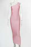 Pink Fashion Sexy Solid Backless One Shoulder Long Dress