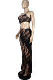 Black Sexy Print Hollowed Out Patchwork Oblique Collar Evening Dress Dresses