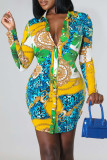 Red Casual Print Patchwork Buckle Turndown Collar Shirt Dress Dresses