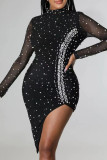 Black Sexy Solid Split Joint Beading Asymmetrical Half A Turtleneck Irregular Dress Dresses