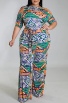 Orange Green Fashion Casual Print Basic Oblique Collar Plus Size Jumpsuits