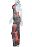 Colour Sexy Print Patchwork Spaghetti Strap One Step Skirt Dresses