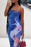 Blue Sexy Print Patchwork Strapless Pencil Skirt Dresses