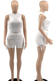 White Sexy Solid Bandage Patchwork Fold O Neck Sleeveless Two Pieces