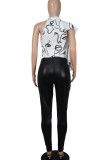 White Casual Print Patchwork Flounce O Neck Sleeveless Two Pieces