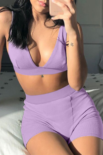 Purple Sexy Solid Split Joint V Neck Sleeveless Two Pieces