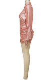 Pink Sexy Solid Bandage Patchwork Buckle Fold Turndown Collar Shirt Dress Dresses