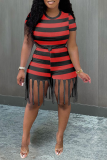 Red Fashion Striped Rivets O Neck Plus Size Two Pieces