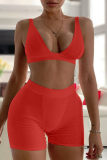 Red Sexy Solid Split Joint V Neck Sleeveless Two Pieces
