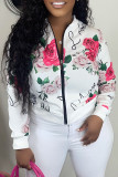 White Fashion Casual Print Patchwork Zipper Collar Outerwear