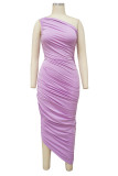 Rose Purple Casual Solid Split Joint Fold Asymmetrical Oblique Collar Dresses