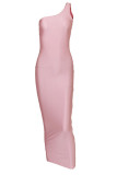 Pink Fashion Sexy Solid Backless One Shoulder Long Dress