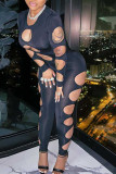Black Sexy Solid Hollowed Out Patchwork O Neck Skinny Jumpsuits