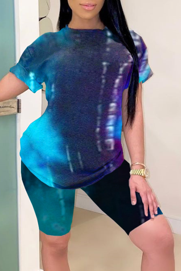 Multicolor Casual Patchwork Tie-dye O Neck Short Sleeve Two Pieces