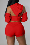 Rose Red Fashion Casual Letter Solid Patchwork Backless Hooded Collar Three Quarter Two Pieces