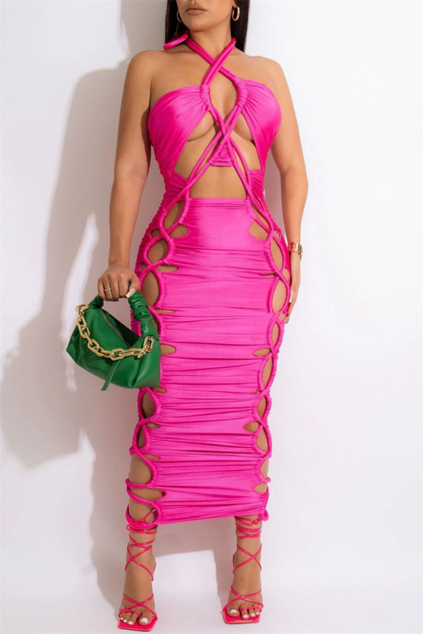 Rose Red Fashion Sexy Solid Bandage Hollowed Out Backless Halter Long Dress Dresses
