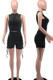 Black Sexy Solid Bandage Patchwork Fold O Neck Sleeveless Two Pieces