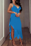 Blue Sexy Solid Patchwork Flounce Asymmetrical Spaghetti Strap Sling Dress Dresses