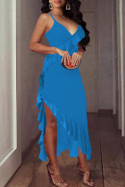 Blue Sexy Solid Split Joint Flounce Asymmetrical Spaghetti Strap Sling Dress Dresses