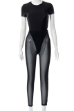 Black Sexy Solid Mesh O Neck Short Sleeve Two Pieces