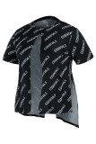 Black Fashion Street Print Patchwork Slit Asymmetrical O Neck T-Shirts