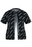 Black Fashion Street Print Patchwork Slit Asymmetrical O Neck T-Shirts