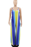 Blue Casual Striped Print Patchwork Spaghetti Strap Straight Jumpsuits