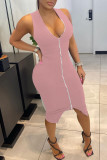 Pink Sexy Solid Patchwork Asymmetrical Zipper V Neck Vest Dress Dresses