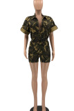 Grey Casual Print Camouflage Print Patchwork Buckle Turndown Collar Straight Rompers
