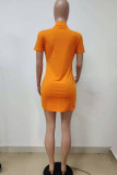 Tangerine Red Casual Print Patchwork O Neck One Step Skirt Dresses